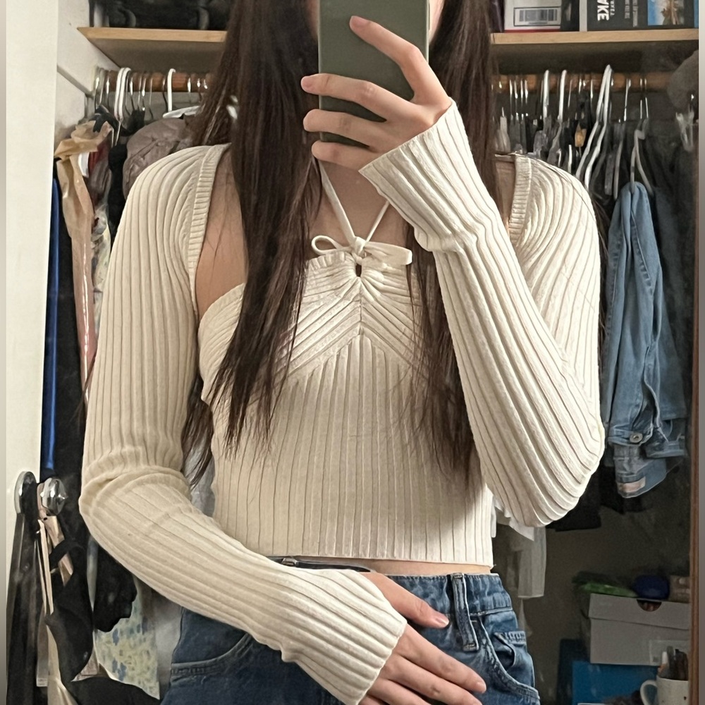 American Eagle Outfitters cream cross cross halter top with shrug